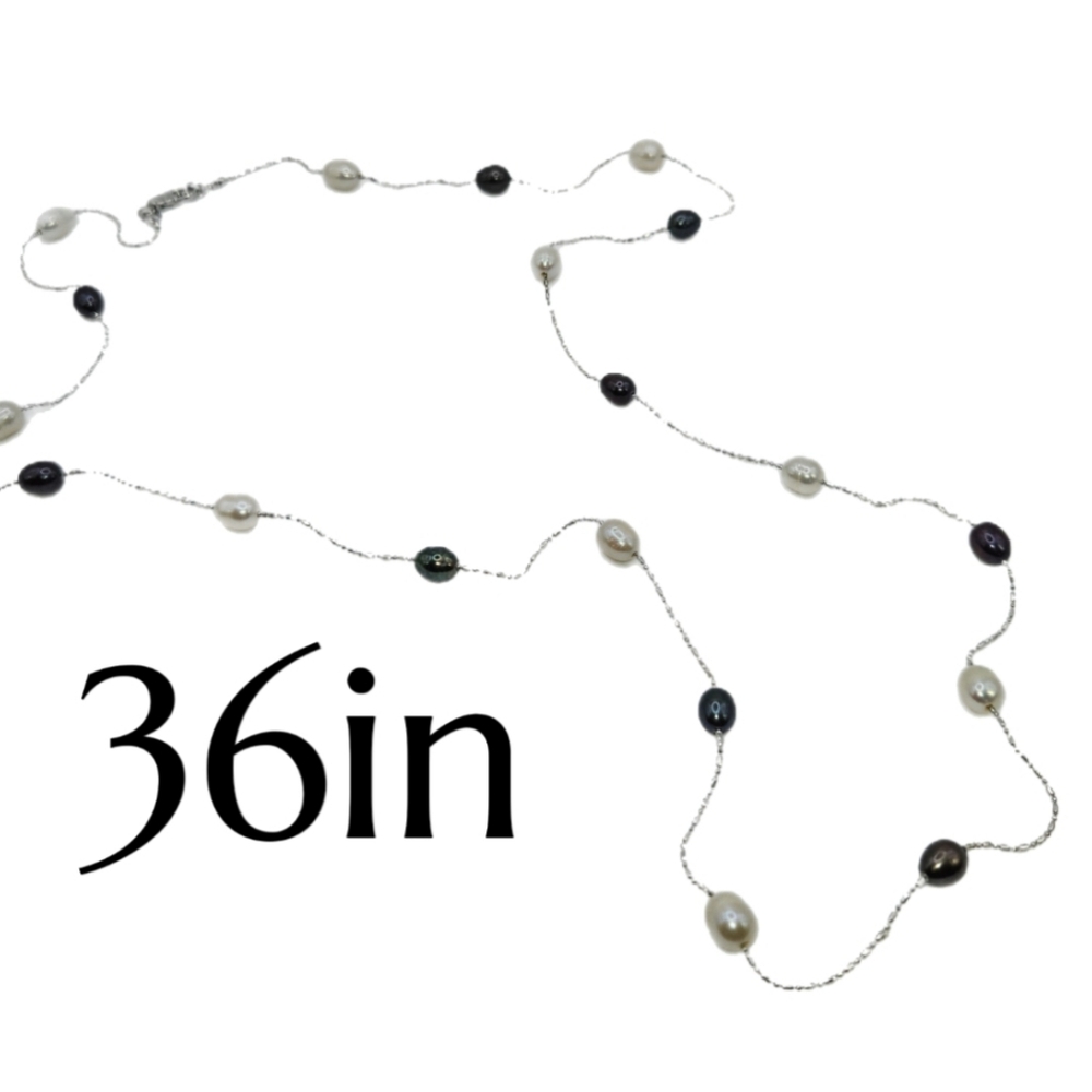 Black & White Freshwater Pearl Station Necklace 36in. Rodium Finish Chain - Picture 4 of 9